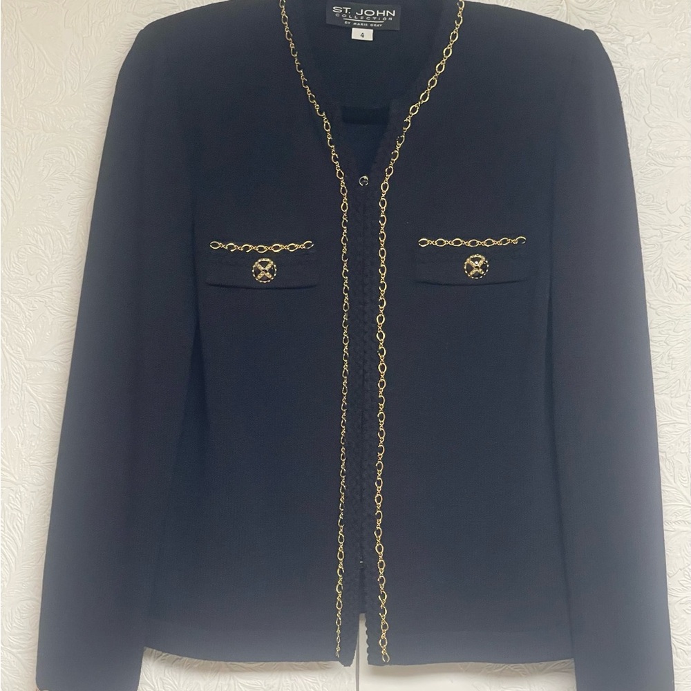 St. John Black Blazer with Gold Chain Detail
